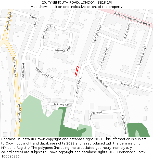 20, TYNEMOUTH ROAD, LONDON, SE18 1PJ: Location map and indicative extent of plot