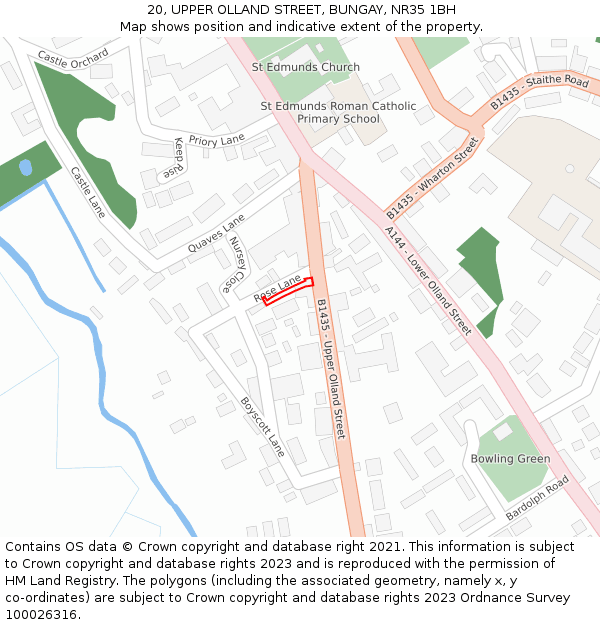 20, UPPER OLLAND STREET, BUNGAY, NR35 1BH: Location map and indicative extent of plot