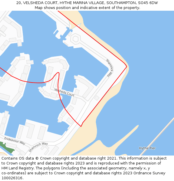 20, VELSHEDA COURT, HYTHE MARINA VILLAGE, SOUTHAMPTON, SO45 6DW: Location map and indicative extent of plot