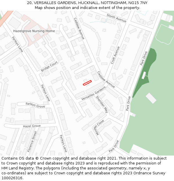 20, VERSAILLES GARDENS, HUCKNALL, NOTTINGHAM, NG15 7NY: Location map and indicative extent of plot