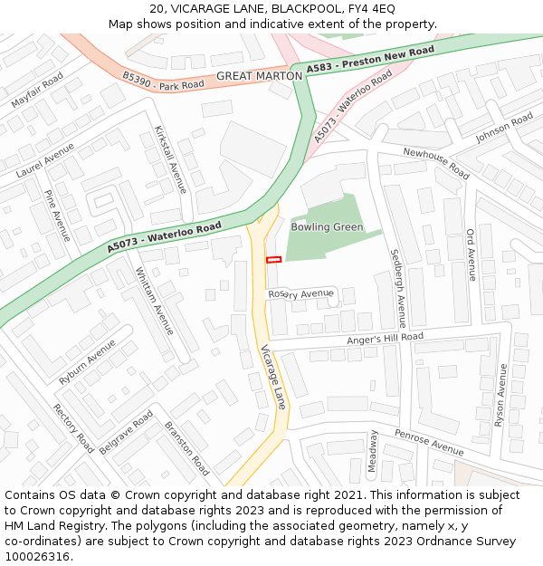 20, VICARAGE LANE, BLACKPOOL, FY4 4EQ: Location map and indicative extent of plot