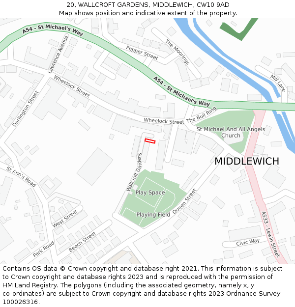 20, WALLCROFT GARDENS, MIDDLEWICH, CW10 9AD: Location map and indicative extent of plot