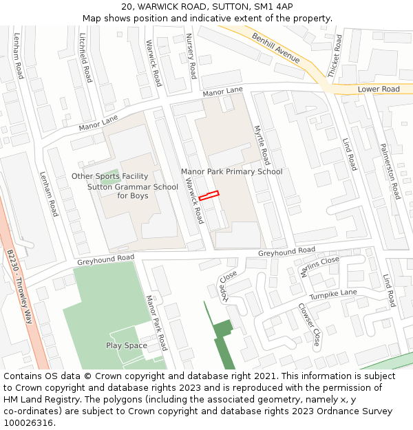 20, WARWICK ROAD, SUTTON, SM1 4AP: Location map and indicative extent of plot