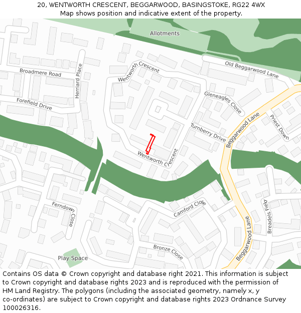 20, WENTWORTH CRESCENT, BEGGARWOOD, BASINGSTOKE, RG22 4WX: Location map and indicative extent of plot