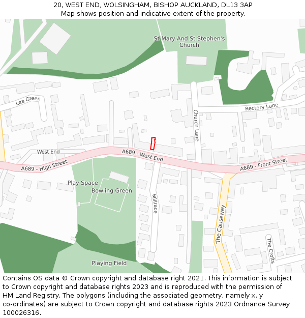 20, WEST END, WOLSINGHAM, BISHOP AUCKLAND, DL13 3AP: Location map and indicative extent of plot