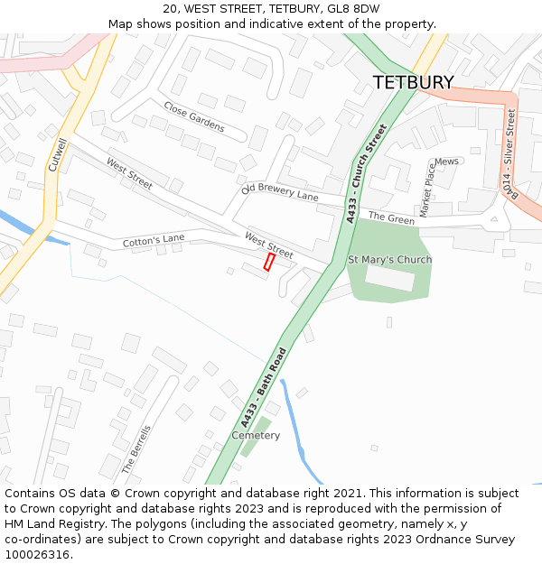 20, WEST STREET, TETBURY, GL8 8DW: Location map and indicative extent of plot