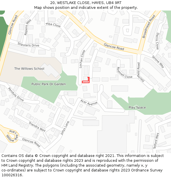 20, WESTLAKE CLOSE, HAYES, UB4 9RT: Location map and indicative extent of plot