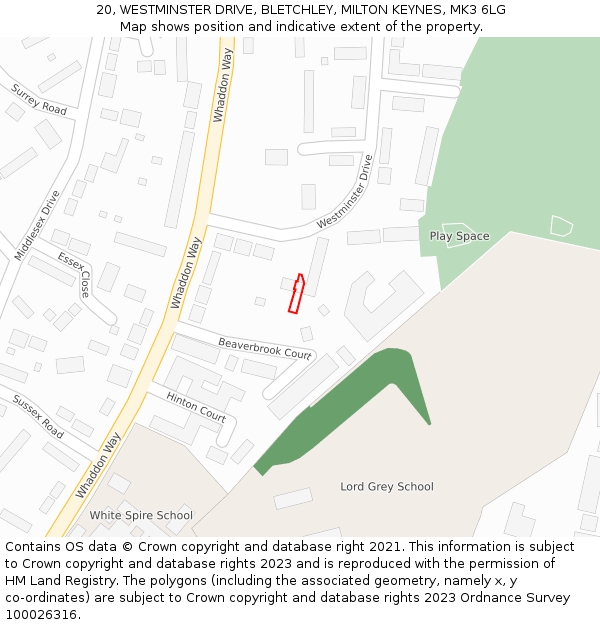 20, WESTMINSTER DRIVE, BLETCHLEY, MILTON KEYNES, MK3 6LG: Location map and indicative extent of plot
