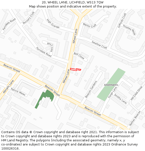 20, WHEEL LANE, LICHFIELD, WS13 7QW: Location map and indicative extent of plot