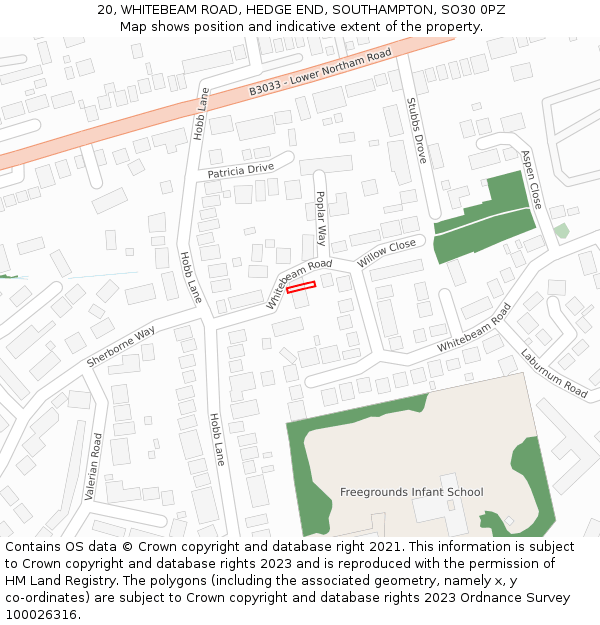 20, WHITEBEAM ROAD, HEDGE END, SOUTHAMPTON, SO30 0PZ: Location map and indicative extent of plot