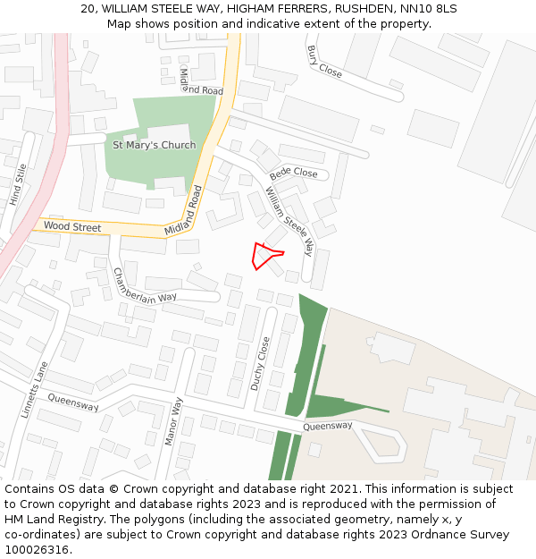 20, WILLIAM STEELE WAY, HIGHAM FERRERS, RUSHDEN, NN10 8LS: Location map and indicative extent of plot