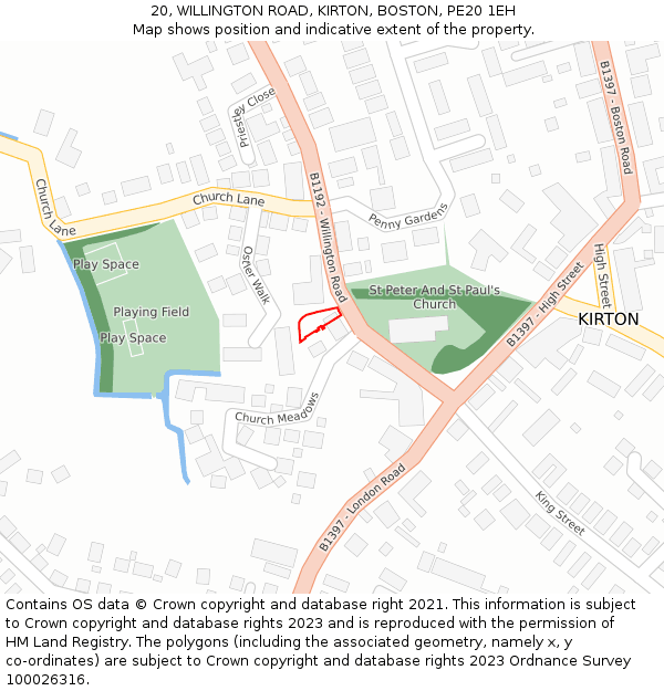 20, WILLINGTON ROAD, KIRTON, BOSTON, PE20 1EH: Location map and indicative extent of plot