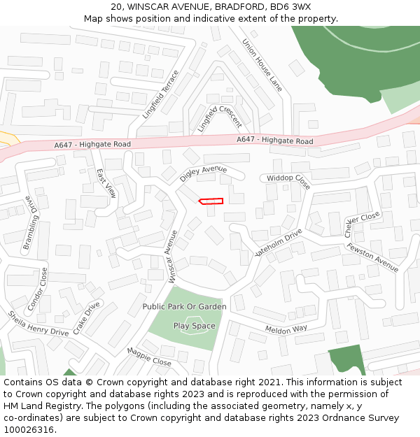 20, WINSCAR AVENUE, BRADFORD, BD6 3WX: Location map and indicative extent of plot
