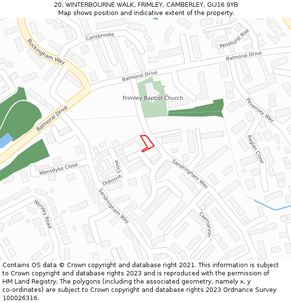 20, WINTERBOURNE WALK, FRIMLEY, CAMBERLEY, GU16 9YB: Location map and indicative extent of plot