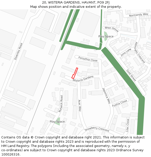20, WISTERIA GARDENS, HAVANT, PO9 2FJ: Location map and indicative extent of plot