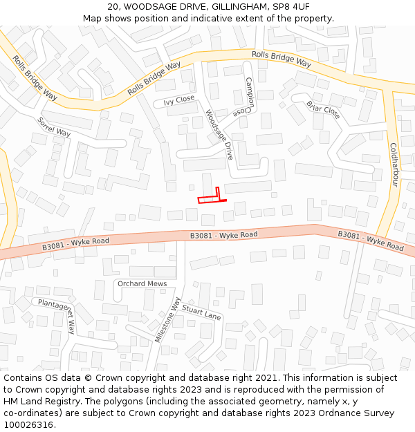 20, WOODSAGE DRIVE, GILLINGHAM, SP8 4UF: Location map and indicative extent of plot