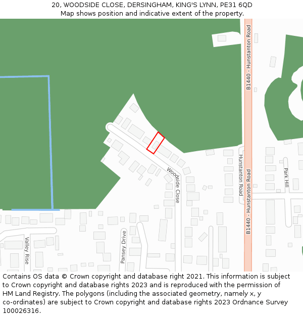 20, WOODSIDE CLOSE, DERSINGHAM, KING'S LYNN, PE31 6QD: Location map and indicative extent of plot