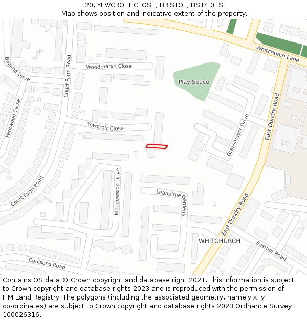 20, YEWCROFT CLOSE, BRISTOL, BS14 0ES: Location map and indicative extent of plot