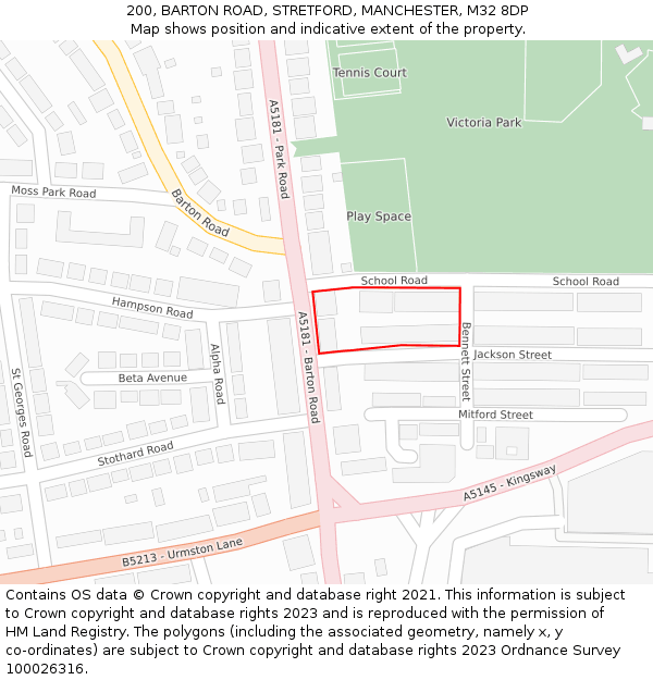 200, BARTON ROAD, STRETFORD, MANCHESTER, M32 8DP: Location map and indicative extent of plot