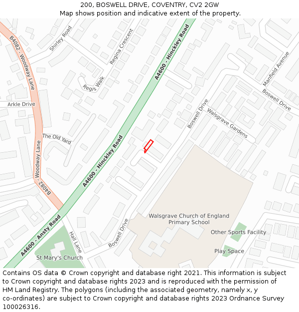 200, BOSWELL DRIVE, COVENTRY, CV2 2GW: Location map and indicative extent of plot