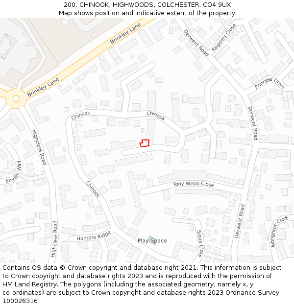 200, CHINOOK, HIGHWOODS, COLCHESTER, CO4 9UX: Location map and indicative extent of plot