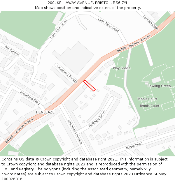 200, KELLAWAY AVENUE, BRISTOL, BS6 7YL: Location map and indicative extent of plot