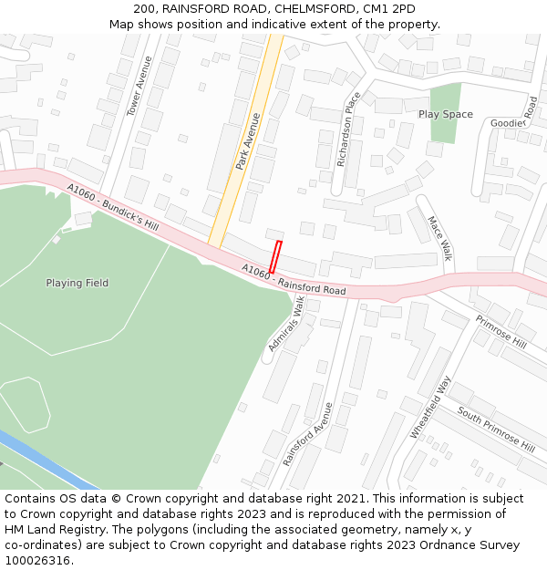 200, RAINSFORD ROAD, CHELMSFORD, CM1 2PD: Location map and indicative extent of plot