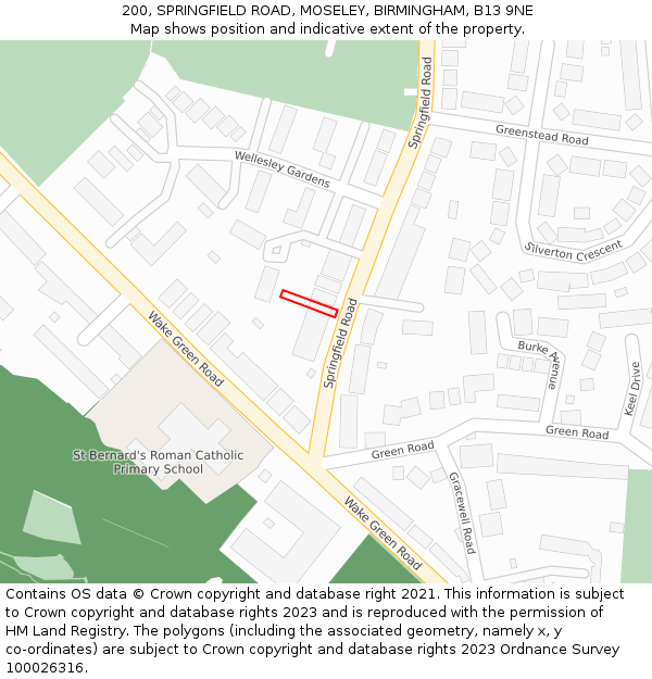 200, SPRINGFIELD ROAD, MOSELEY, BIRMINGHAM, B13 9NE: Location map and indicative extent of plot