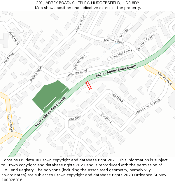 201, ABBEY ROAD, SHEPLEY, HUDDERSFIELD, HD8 8DY: Location map and indicative extent of plot