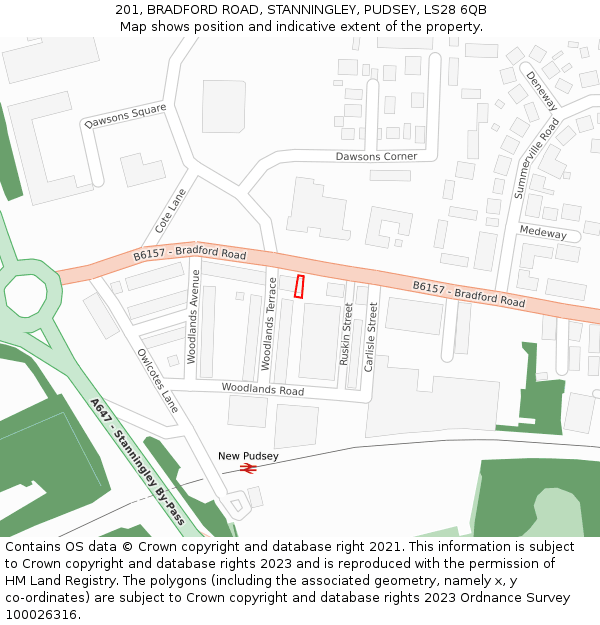 201, BRADFORD ROAD, STANNINGLEY, PUDSEY, LS28 6QB: Location map and indicative extent of plot