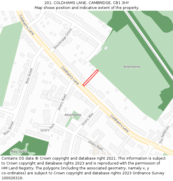 201, COLDHAMS LANE, CAMBRIDGE, CB1 3HY: Location map and indicative extent of plot