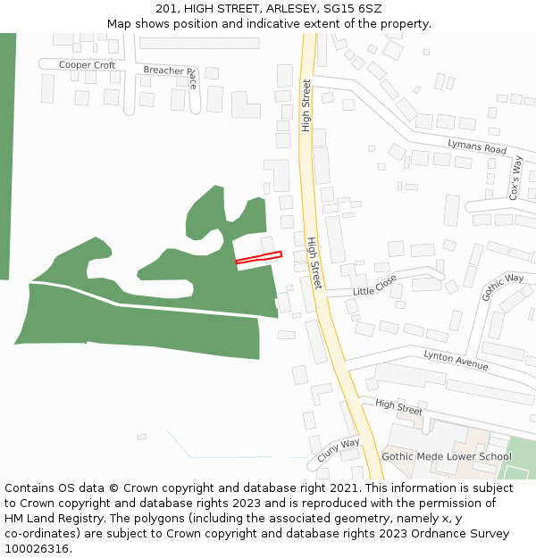 201, HIGH STREET, ARLESEY, SG15 6SZ: Location map and indicative extent of plot