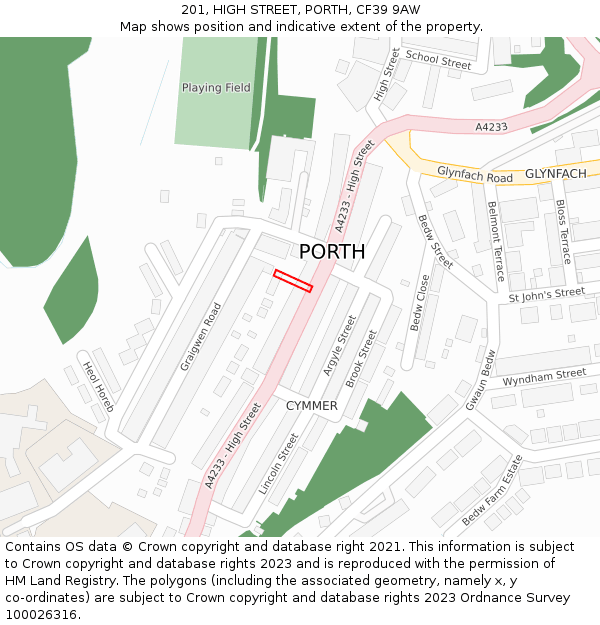 201, HIGH STREET, PORTH, CF39 9AW: Location map and indicative extent of plot