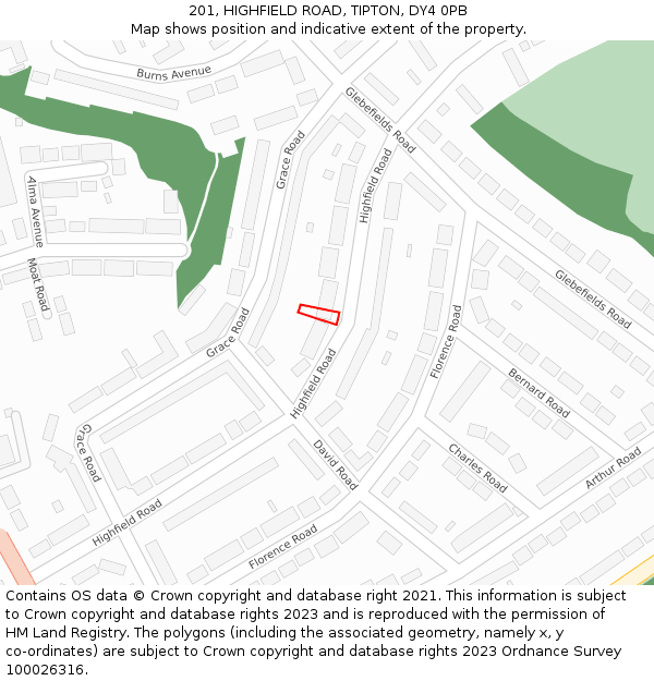 201, HIGHFIELD ROAD, TIPTON, DY4 0PB: Location map and indicative extent of plot