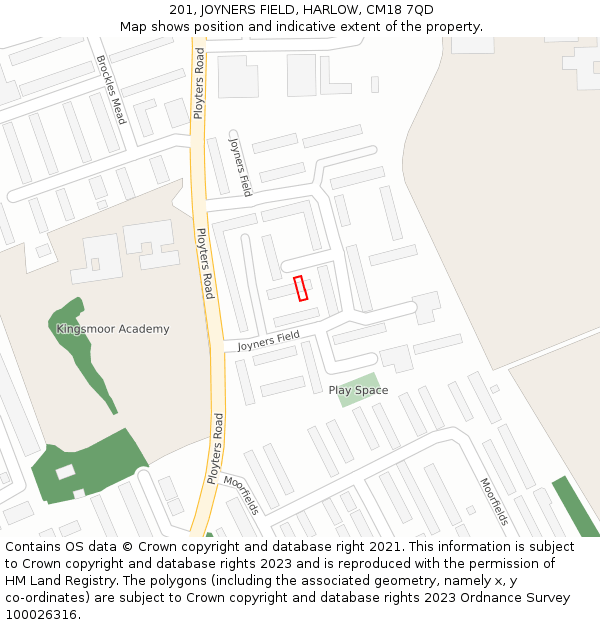 201, JOYNERS FIELD, HARLOW, CM18 7QD: Location map and indicative extent of plot