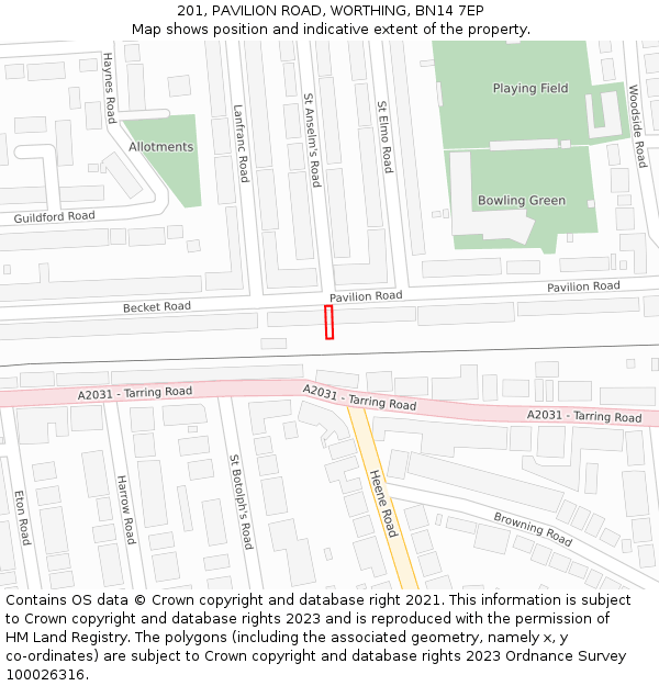 201, PAVILION ROAD, WORTHING, BN14 7EP: Location map and indicative extent of plot