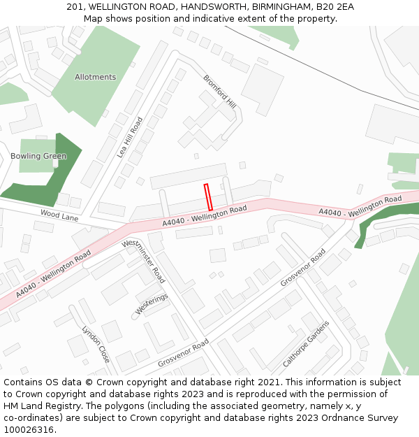 201, WELLINGTON ROAD, HANDSWORTH, BIRMINGHAM, B20 2EA: Location map and indicative extent of plot