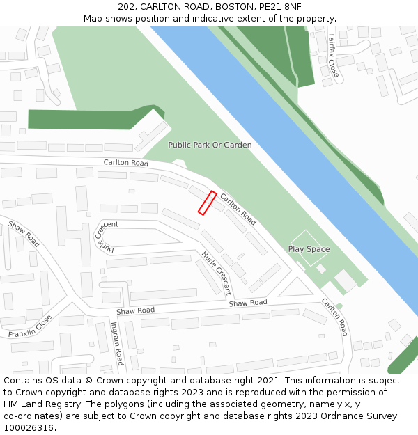 202, CARLTON ROAD, BOSTON, PE21 8NF: Location map and indicative extent of plot