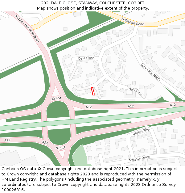 202, DALE CLOSE, STANWAY, COLCHESTER, CO3 0FT: Location map and indicative extent of plot