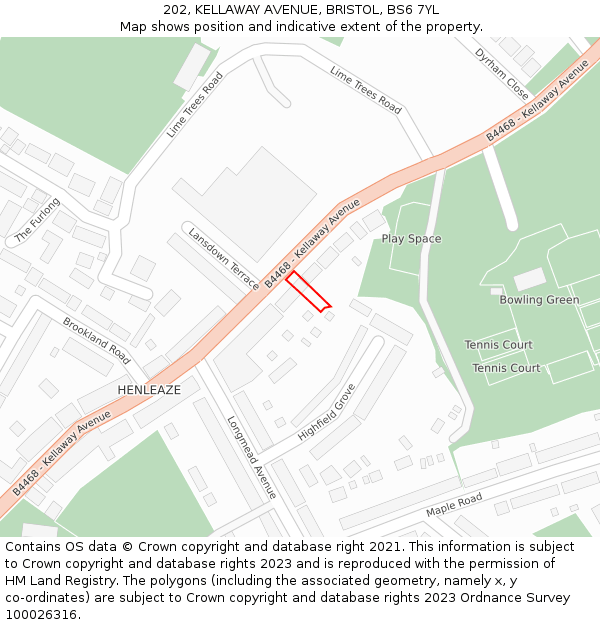 202, KELLAWAY AVENUE, BRISTOL, BS6 7YL: Location map and indicative extent of plot