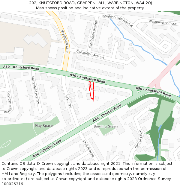 202, KNUTSFORD ROAD, GRAPPENHALL, WARRINGTON, WA4 2QJ: Location map and indicative extent of plot