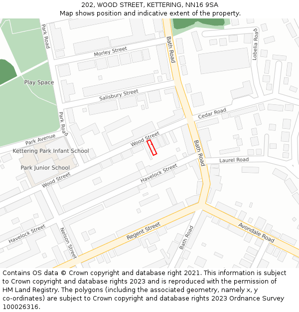 202, WOOD STREET, KETTERING, NN16 9SA: Location map and indicative extent of plot