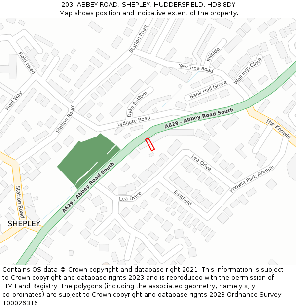 203, ABBEY ROAD, SHEPLEY, HUDDERSFIELD, HD8 8DY: Location map and indicative extent of plot