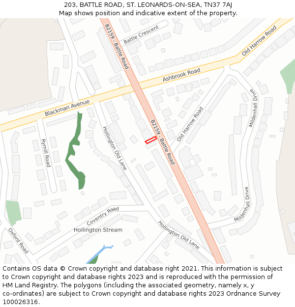 203, BATTLE ROAD, ST. LEONARDS-ON-SEA, TN37 7AJ: Location map and indicative extent of plot