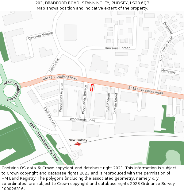 203, BRADFORD ROAD, STANNINGLEY, PUDSEY, LS28 6QB: Location map and indicative extent of plot