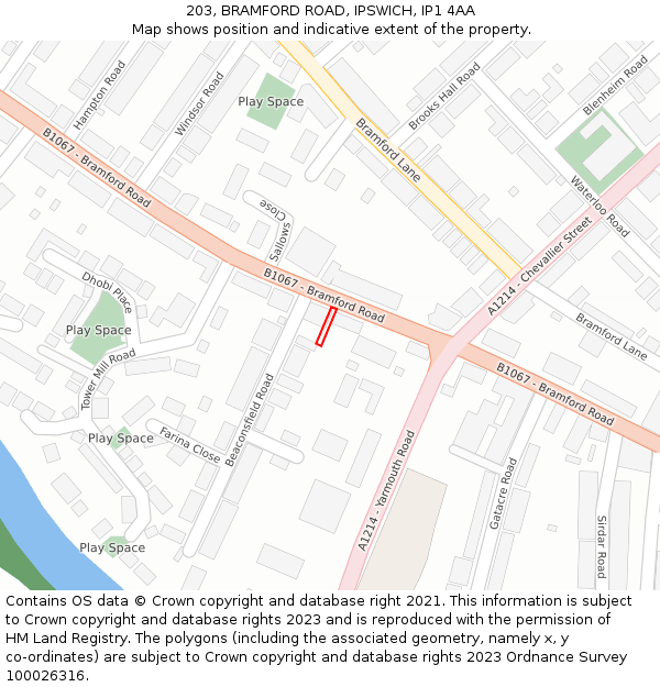 203, BRAMFORD ROAD, IPSWICH, IP1 4AA: Location map and indicative extent of plot