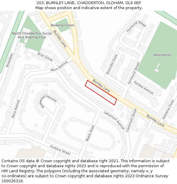 203, BURNLEY LANE, CHADDERTON, OLDHAM, OL9 0EP: Location map and indicative extent of plot
