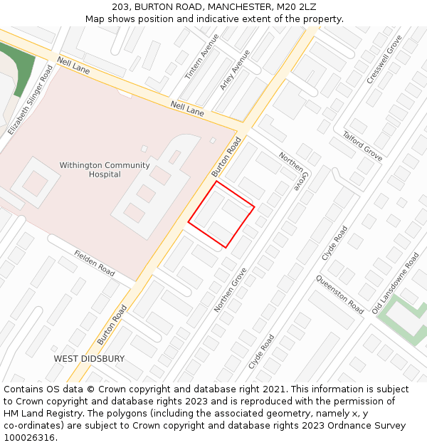 203, BURTON ROAD, MANCHESTER, M20 2LZ: Location map and indicative extent of plot