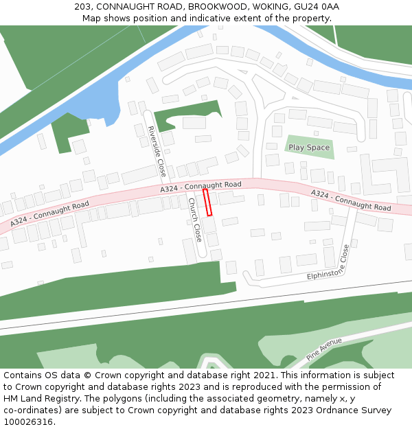 203, CONNAUGHT ROAD, BROOKWOOD, WOKING, GU24 0AA: Location map and indicative extent of plot