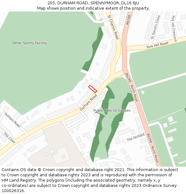 203, DURHAM ROAD, SPENNYMOOR, DL16 6JU: Location map and indicative extent of plot